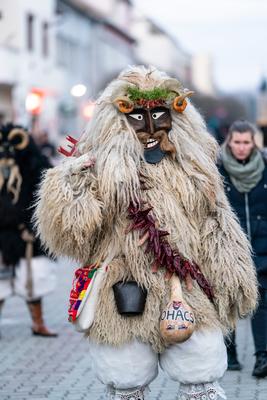 MOHACS, HUNGARY - FEBRUARY 16: Unidentified person wearing mask in Busojaras. In this year during the COVID pandemic the public Busojaras event was cancelled. February 16, 2021 in Mohacs, Hungary.-stock-photo