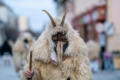 MOHACS, HUNGARY - FEBRUARY 16: Unidentified person wearing mask in Busojaras. In this year during the COVID pandemic the public Busojaras event was cancelled. February 16, 2021 in Mohacs, Hungary.-stock-foto