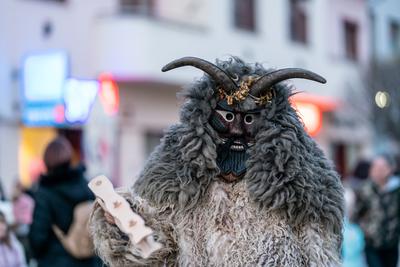 MOHACS, HUNGARY - FEBRUARY 16: Unidentified person wearing mask in Busojaras. In this year during the COVID pandemic the public Busojaras event was cancelled. February 16, 2021 in Mohacs, Hungary.-stock-photo