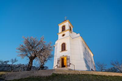 Small chapel with almond tree, called havas boldogasszony templom-stock-photo