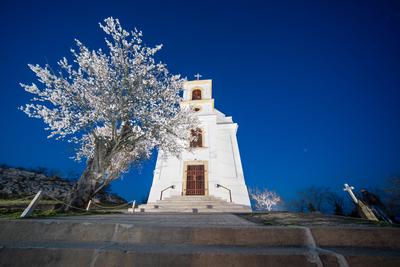 Small chapel with almond tree, called havas boldogasszony templom-stock-photo