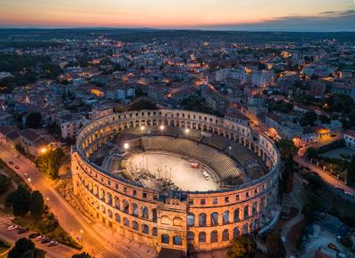 Aerial photo of Arena in Pula, Croatia at night-stock-photo