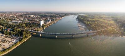 Baja Bridge in Hungary across river Danube-stock-foto