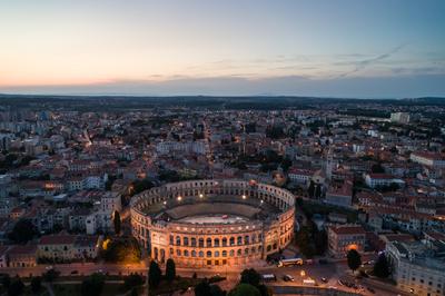 Aerial photo of Arena in Pula, Croatia at night-stock-photo