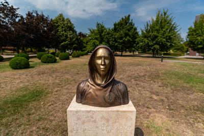 Budapest, Hungary -August 7, .2022:  Portrait of the statue of Satoshi Nakamoto mysterious founder of Bitcoin and Blockchain technology in; created by Reka Gergely and Tamas Gilly.  August 7, .2022 in Budapest, Hungary.-stock-photo