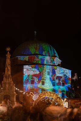 PECS, HUNGARY - DECEMBER 4 2022: Advent market with christmas tree at Szechenyi Square in Pecs. December 4, 2022 Pecs, Hungary-stock-photo