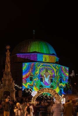 PECS, HUNGARY - DECEMBER 4 2022: Advent market with christmas tree at Szechenyi Square in Pecs. December 4, 2022 Pecs, Hungary-stock-photo