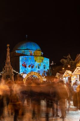 PECS, HUNGARY - DECEMBER 4 2022: Advent market with christmas tree at Szechenyi Square in Pecs. December 4, 2022 Pecs, Hungary-stock-photo