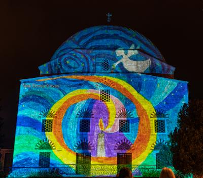 PECS, HUNGARY - DECEMBER 2 2022: Christmas color painting on Dzsami at Szechenyi Square in Pecs. December 2, 2022 Pecs, Hungary-stock-photo