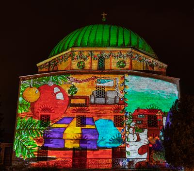 PECS, HUNGARY - DECEMBER 2 2022: Christmas color painting on Dzsami at Szechenyi Square in Pecs. December 2, 2022 Pecs, Hungary-stock-photo