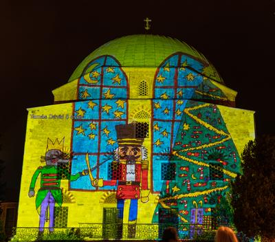 PECS, HUNGARY - DECEMBER 2 2022: Christmas color painting on Dzsami at Szechenyi Square in Pecs. December 2, 2022 Pecs, Hungary-stock-photo