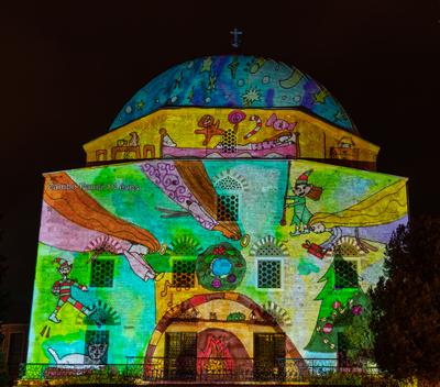 PECS, HUNGARY - DECEMBER 2 2022: Christmas color painting on Dzsami at Szechenyi Square in Pecs. December 2, 2022 Pecs, Hungary-stock-photo