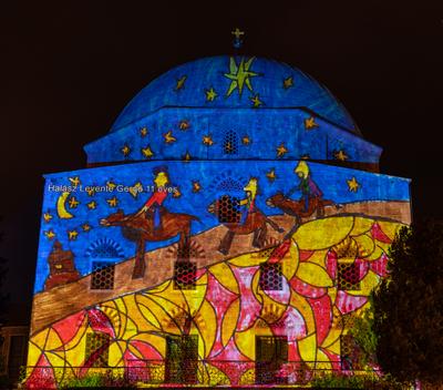 PECS, HUNGARY - DECEMBER 2 2022: Christmas color painting on Dzsami at Szechenyi Square in Pecs. December 2, 2022 Pecs, Hungary-stock-photo