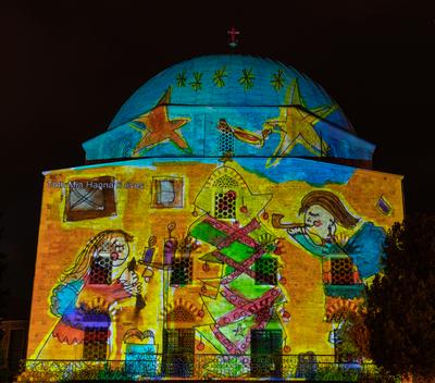 PECS, HUNGARY - DECEMBER 2 2022: Christmas color painting on Dzsami at Szechenyi Square in Pecs. December 2, 2022 Pecs, Hungary-stock-photo