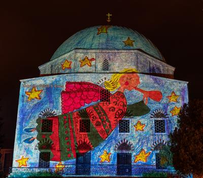 PECS, HUNGARY - DECEMBER 2 2022: Christmas color painting on Dzsami at Szechenyi Square in Pecs. December 2, 2022 Pecs, Hungary-stock-photo