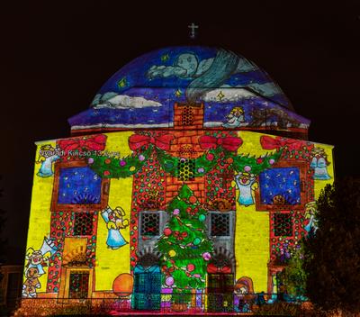 PECS, HUNGARY - DECEMBER 2 2022: Christmas color painting on Dzsami at Szechenyi Square in Pecs. December 2, 2022 Pecs, Hungary-stock-photo