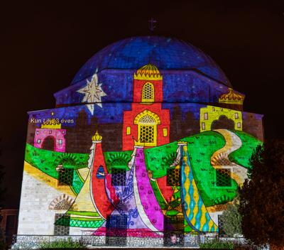 PECS, HUNGARY - DECEMBER 2 2022: Christmas color painting on Dzsami at Szechenyi Square in Pecs. December 2, 2022 Pecs, Hungary-stock-photo