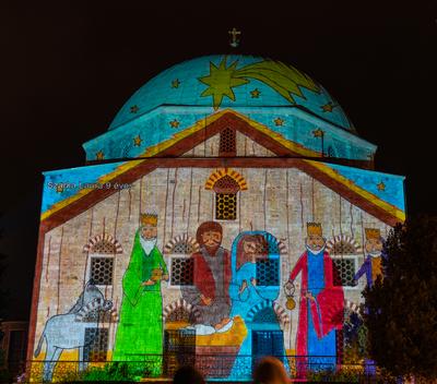 PECS, HUNGARY - DECEMBER 2 2022: Christmas color painting on Dzsami at Szechenyi Square in Pecs. December 2, 2022 Pecs, Hungary-stock-photo