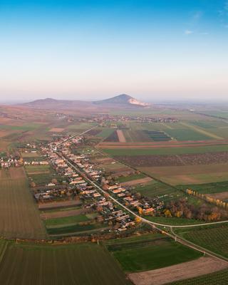 Aerial view of Szarsomlyo mountain with small village in Hungary-stock-photo
