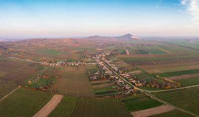Aerial view of Szarsomlyo mountain with small village in Hungary-stock-photo