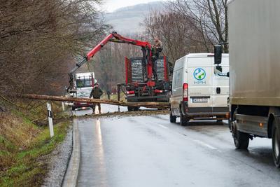 BOSZENFA, HUNGARY - JANUARY 10 2023: Fallen tree blocked the road and   caused congestion on the road Boszenfa. January 10 2023 Boszenfa, Hungary-stock-photo