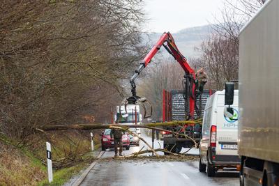 BOSZENFA, HUNGARY - JANUARY 10 2023: Fallen tree blocked the road and   caused congestion on the road Boszenfa. January 10 2023 Boszenfa, Hungary-stock-photo