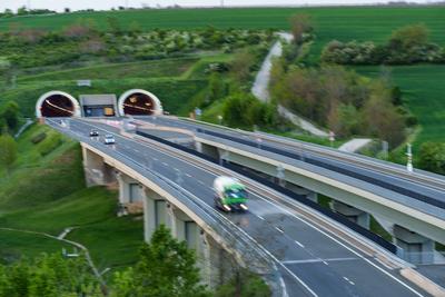 Hungarian M6 highway with tunel at evening-stock-foto