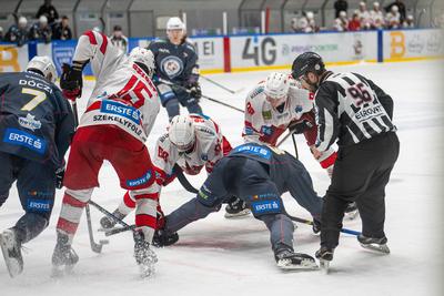 BUDAPEST - FEBRUARY 2: MAC Budapest (Budapest Jégkorong Akadémia Hockey Club) (blue) and Gyergyoi HK  (white) ice hockey teams participate in Championship, February 2, 2024 in Budapest, Hungary.-stock-photo