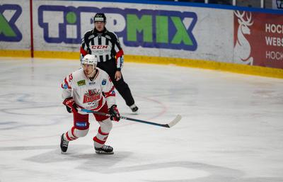 BUDAPEST - FEBRUARY 2: MAC Budapest (Budapest Jégkorong Akadémia Hockey Club) (blue) and Gyergyoi HK  (white) ice hockey teams participate in Championship, February 2, 2024 in Budapest, Hungary.-stock-photo