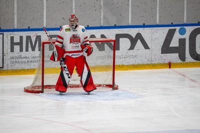 BUDAPEST - FEBRUARY 2: MAC Budapest (Budapest Jégkorong Akadémia Hockey Club) (blue) and Gyergyoi HK  (white) ice hockey teams participate in Championship, February 2, 2024 in Budapest, Hungary.-stock-photo