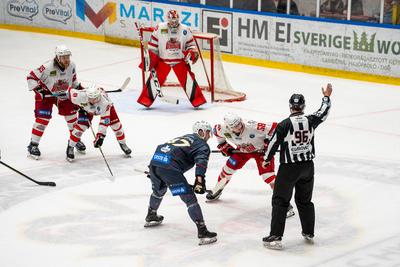 BUDAPEST - FEBRUARY 2: MAC Budapest (Budapest Jégkorong Akadémia Hockey Club) (blue) and Gyergyoi HK  (white) ice hockey teams participate in Championship, February 2, 2024 in Budapest, Hungary.-stock-photo