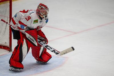 BUDAPEST - FEBRUARY 2: MAC Budapest (Budapest Jégkorong Akadémia Hockey Club) (blue) and Gyergyoi HK  (white) ice hockey teams participate in Championship, February 2, 2024 in Budapest, Hungary.-stock-photo