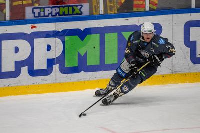 BUDAPEST - FEBRUARY 2: MAC Budapest (Budapest Jégkorong Akadémia Hockey Club) (blue) and Gyergyoi HK  (white) ice hockey teams participate in Championship, February 2, 2024 in Budapest, Hungary.-stock-photo