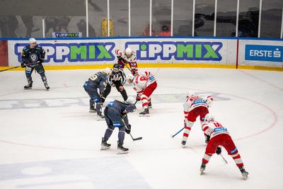 BUDAPEST - FEBRUARY 2: MAC Budapest (Budapest Jégkorong Akadémia Hockey Club) (blue) and Gyergyoi HK  (white) ice hockey teams participate in Championship, February 2, 2024 in Budapest, Hungary.-stock-photo