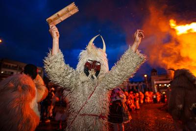 MOHACS, HUNGARY - FEBRUARY 12: Busojaras carnival. Unidentified person wearing mask for spring greetings. February 12, 2024 in Mohacs, Hungary.-stock-photo