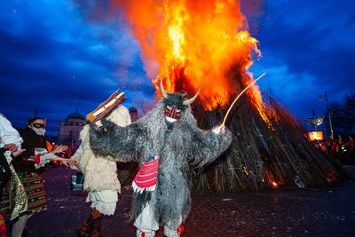 MOHACS, HUNGARY - FEBRUARY 12: Busojaras carnival. Unidentified person wearing mask for spring greetings. February 12, 2024 in Mohacs, Hungary.-stock-photo