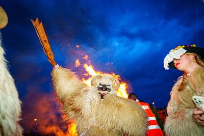 MOHACS, HUNGARY - FEBRUARY 12: Busojaras carnival. Unidentified person wearing mask for spring greetings. February 12, 2024 in Mohacs, Hungary.-stock-photo