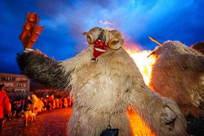 MOHACS, HUNGARY - FEBRUARY 12: Busojaras carnival. Unidentified person wearing mask for spring greetings. February 12, 2024 in Mohacs, Hungary.-stock-photo