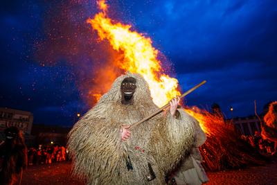 MOHACS, HUNGARY - FEBRUARY 12: Busojaras carnival. Unidentified person wearing mask for spring greetings. February 12, 2024 in Mohacs, Hungary.-stock-photo