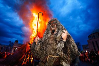 MOHACS, HUNGARY - FEBRUARY 12: Busojaras carnival. Unidentified person wearing mask for spring greetings. February 12, 2024 in Mohacs, Hungary.-stock-photo