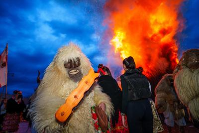 MOHACS, HUNGARY - FEBRUARY 12: Busojaras carnival. Unidentified person wearing mask for spring greetings. February 12, 2024 in Mohacs, Hungary.-stock-photo