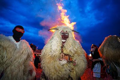 MOHACS, HUNGARY - FEBRUARY 12: Busojaras carnival. Unidentified person wearing mask for spring greetings. February 12, 2024 in Mohacs, Hungary.-stock-photo