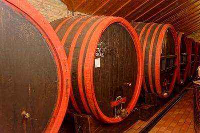 Régi nagy hordó bor, ovális alakú a Frittmann pincében-stock-photo