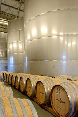 Grand Tokaj fém érlelőtartályok és fa hordók-stock-foto