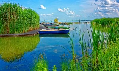 Színes evezőcsónakok a Balatongyöröki kishajó kikötőben-stock-foto