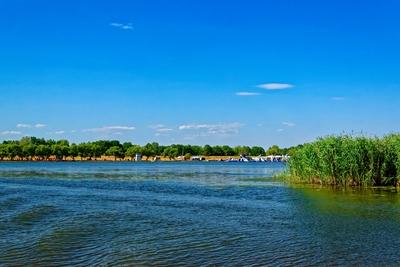 Tisza-tó, Sarud strandfürdõ távolról és  zöld nádassal-stock-foto