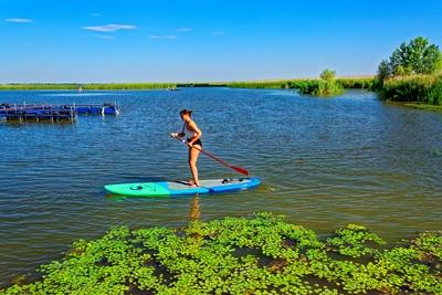 Tisza-tó Sarud, egy nõ gyakorol a wakeboardon-stock-foto