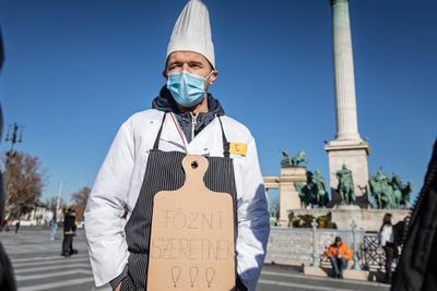 In Heroes' Square, the owners and employees of bars, restaurants and hotels are protesting against the restrictions related to the coronavirus affecting their businesses in Budapest,-stock-photo