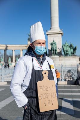 In Heroes' Square, the owners and employees of bars, restaurants and hotels are protesting against the restrictions related to the coronavirus affecting their businesses in Budapest,-stock-photo