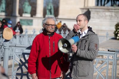 In Heroes' Square, the owners and employees of bars, restaurants and hotels are protesting against the restrictions related to the coronavirus affecting their businesses in Budapest,-stock-photo